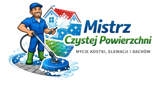 Logo firmy Mistrz Czystej Powierzchni - mężczyzna w niebieskim ubraniu myjący powierzchnię, z domem w tle.