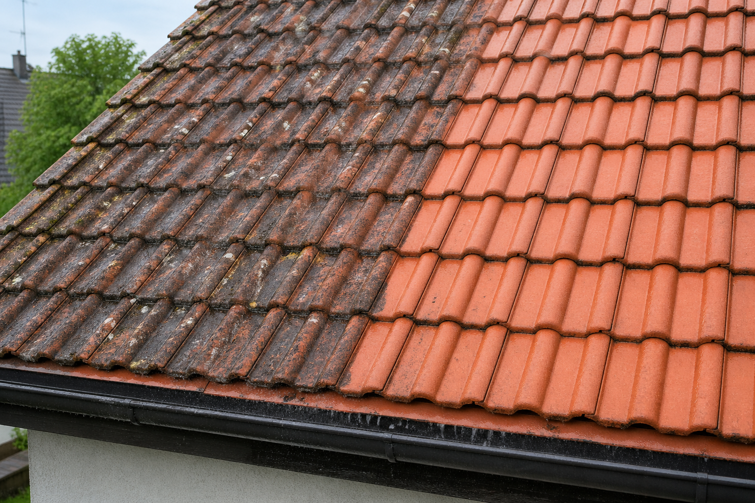 Dach pokryty czerwonymi dachówkami, podzielony na część z nawierzchnią zabrudzoną oraz czystą.