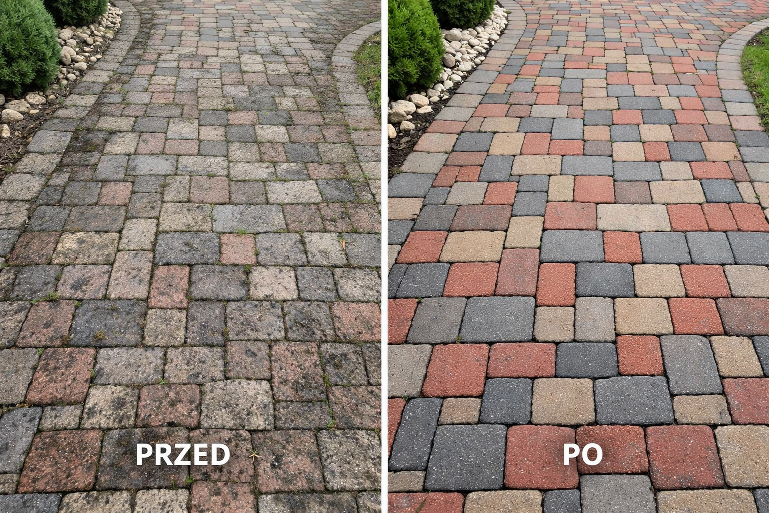 Porównanie stanu kostki brukowej przed i po czyszczeniu.